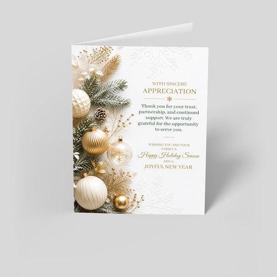festive folded holiday card with greenry, ornaments and appreciation text