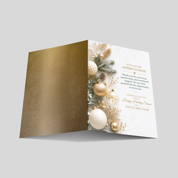 holiday card with decorative ornaments and printed text