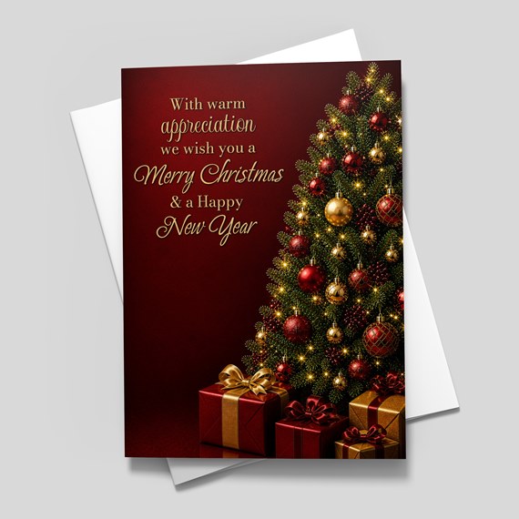 Christmas card with tree and gift boxes