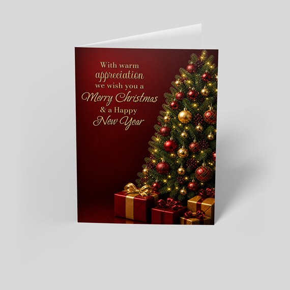 Christmas card with tree and gifts
