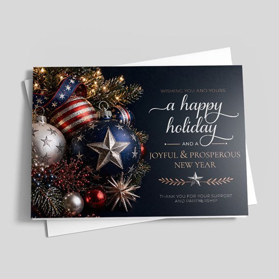 holiday card with ornaments and greeting text