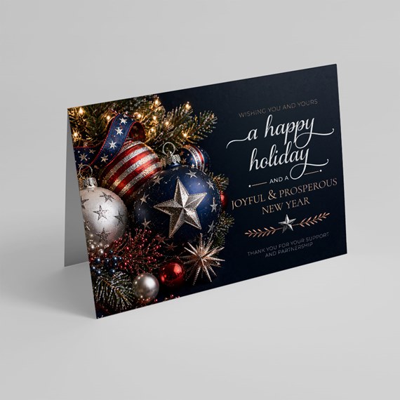 holiday card with ornaments and decorative text