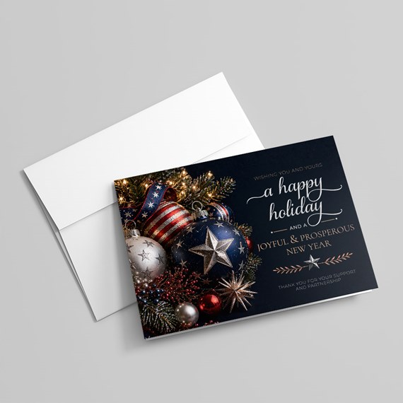 holiday card with ornaments and festive text