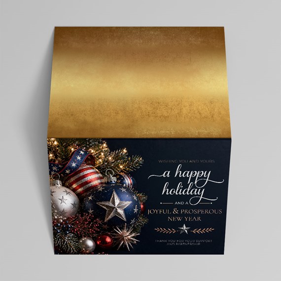 holiday card with gold top and Christmas ornament design