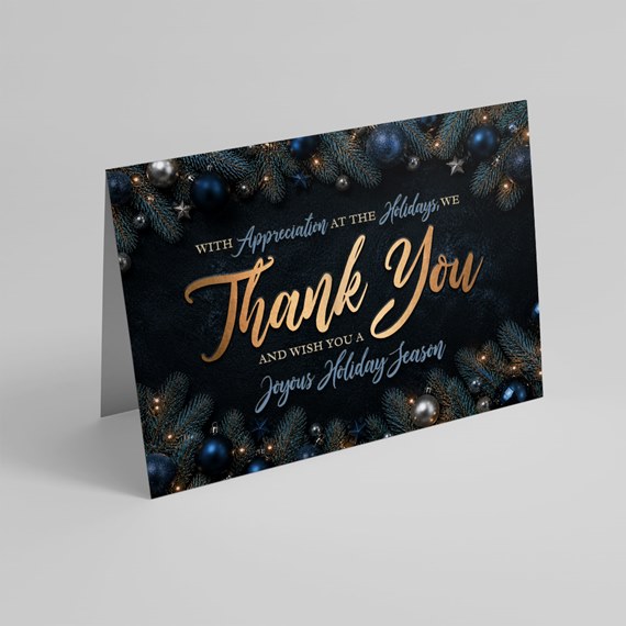 thank you card with pine branches and blue ornaments