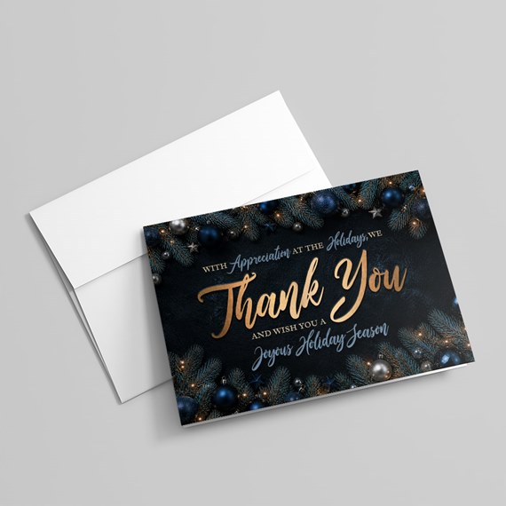 holiday card with thank you message and decorative elements
