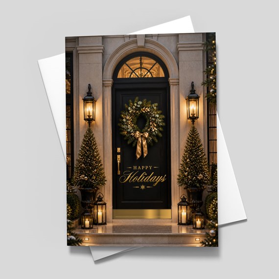 holiday door scene with wreath and lanterns, photo placeholder