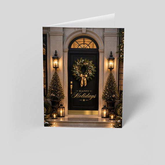 holiday greeting card with door and wreath design