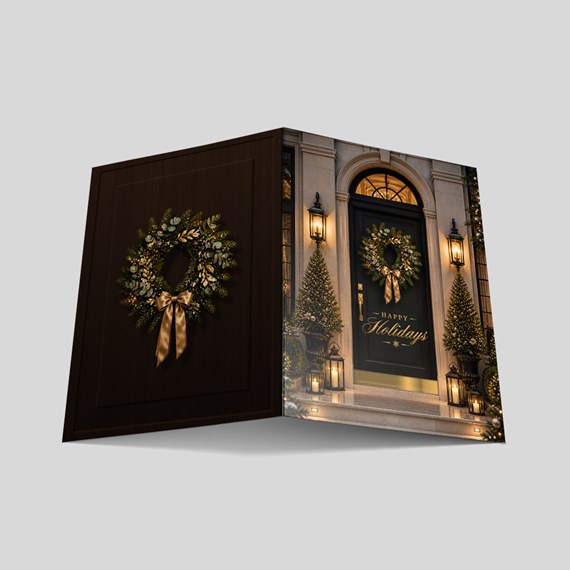 holiday card with wreath and door design