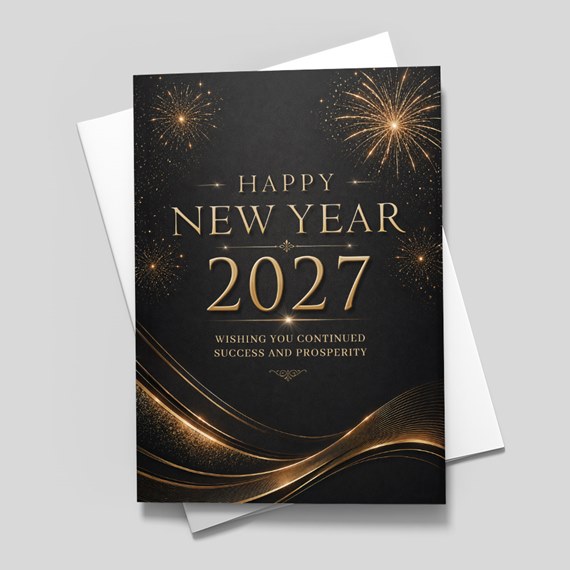 black greeting card with gold text and fireworks