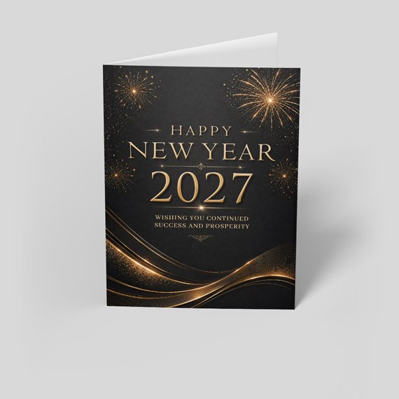 black greeting card with gold fireworks and text