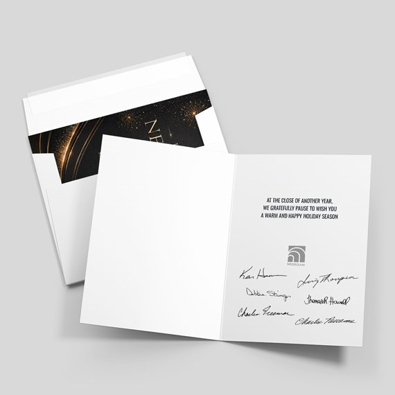 folded card with black interior and white exterior, photo area
