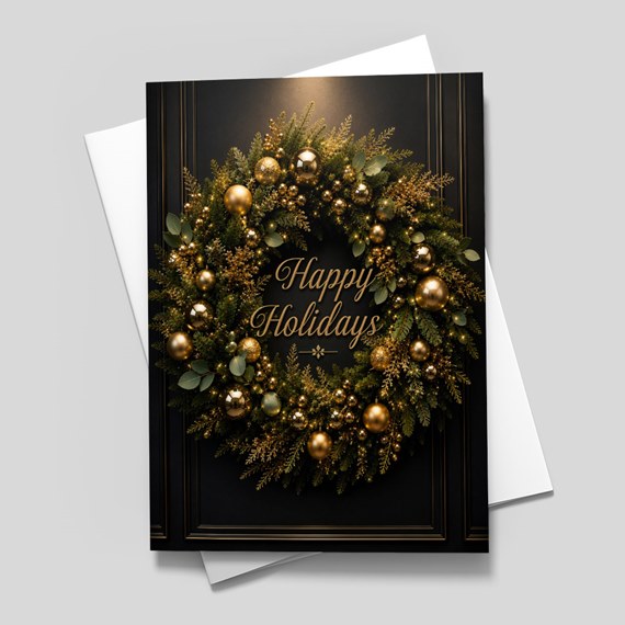 holiday card with wreath design and text