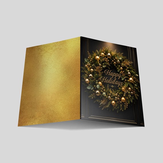 holiday card with wreath and gold accents
