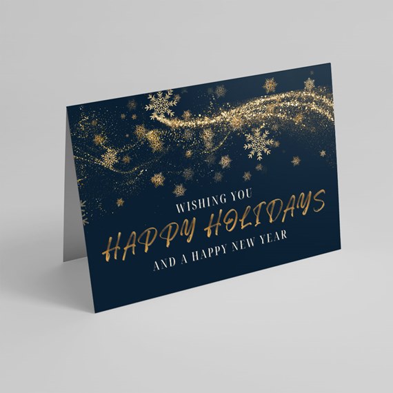 holiday greeting card with gold snowflakes and text