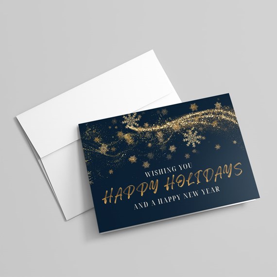 greeting card with holiday wishes and snowflakes