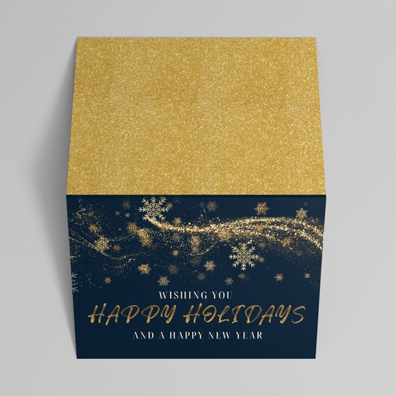 holiday card with glitter and snowflake design, photo placeholder