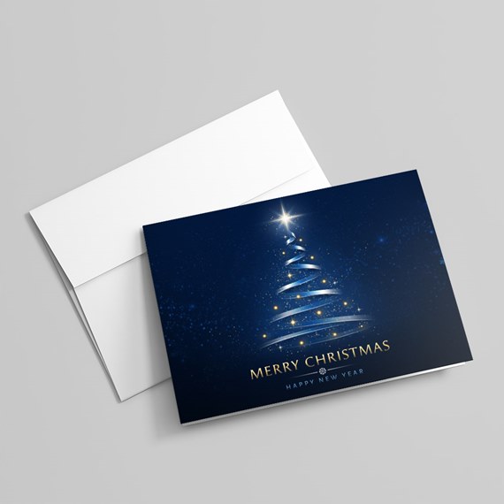 Christmas card with tree design and gold text