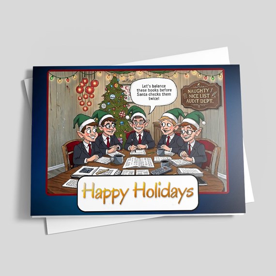 cartoon elves holiday card with text