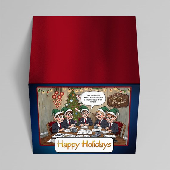 cartoon elves around a table, holiday theme, happy holidays text