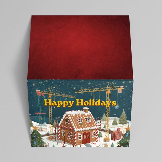 festive box design with gingerbread house and text placeholder