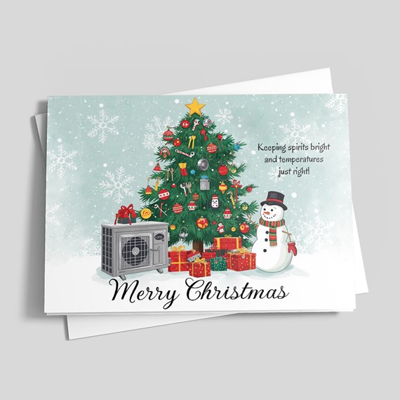 Christmas card with tree, snowman, air conditioning unit, and presents
