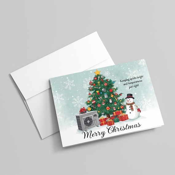Christmas card with tree, snowman, gifts, and text