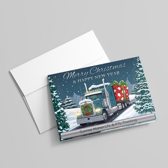 greeting card with truck and gifts, photo placeholder