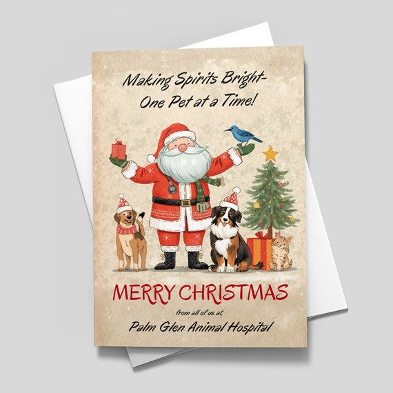 Christmas card with Santa, pets, and tree
