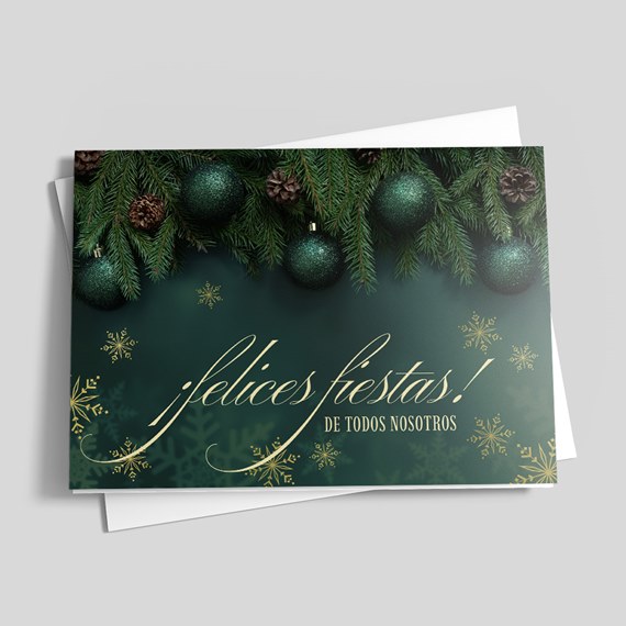 festive card with ornaments and pine branches, customizable text area