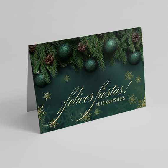 holiday card with pine branches and ornaments, text area