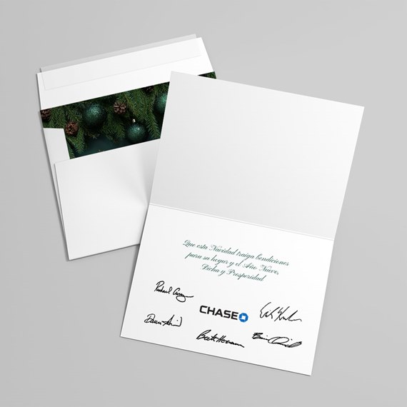 greeting card with customizable text area and green pine design