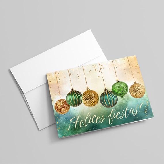 festive card with ornaments and text placeholder
