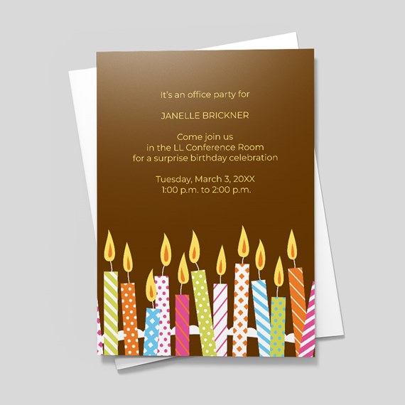 birthday invitation card with colorful candles and text