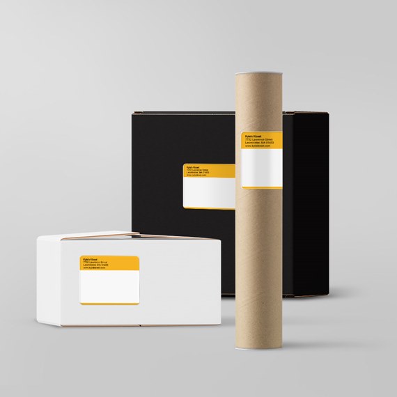 three packaging boxes with labels