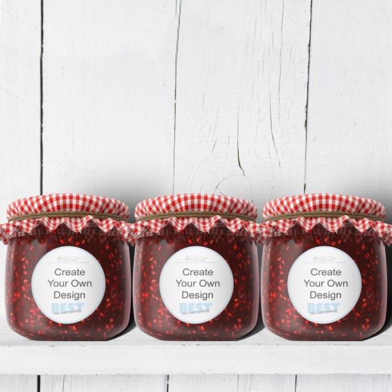 three jars of jam with checkered lids and customizable text area