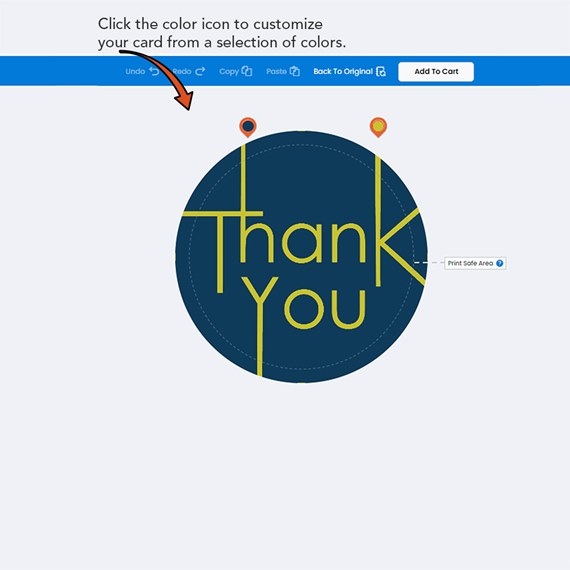 circular thank you card with blue background and yellow text