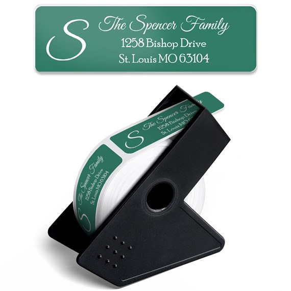 address label roll in black dispenser
