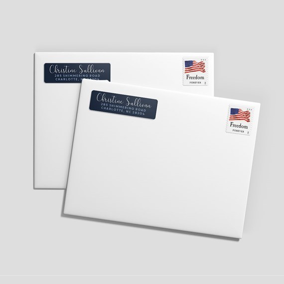 white envelopes with blue labels and American flag stamps