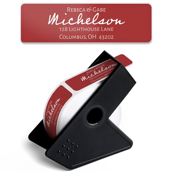 label dispenser with white labels and maroon label design