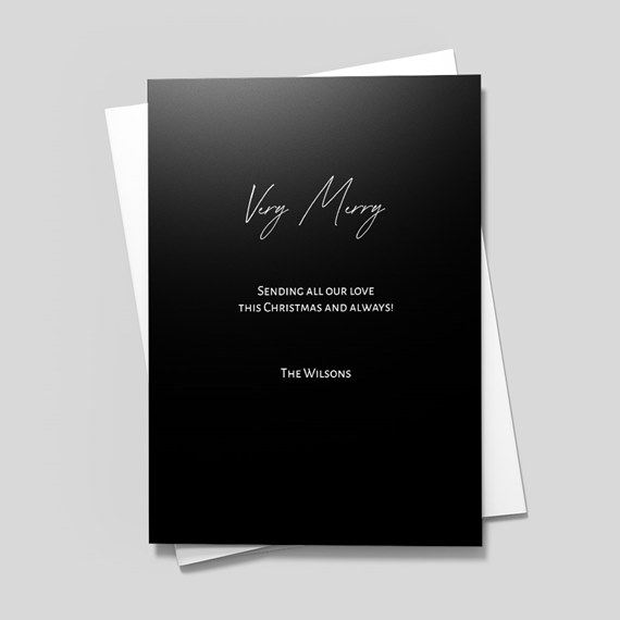 black greeting card with white text