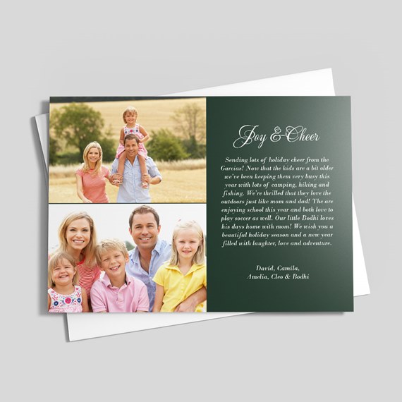 photo placeholder on left, dark green background with text on right