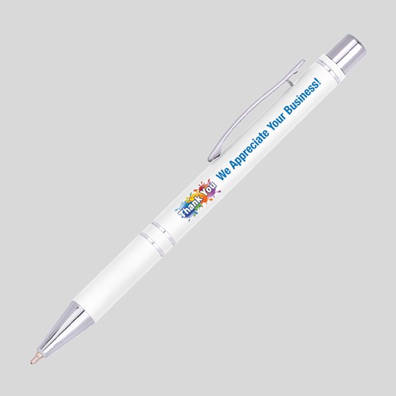 white pen with colorful thank you design and blue text