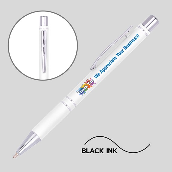 white pen with colorful thank you graphic and blue text