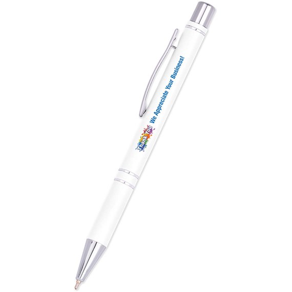 white pen with colorful design and text