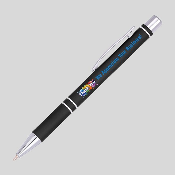 black pen with colorful thank you design and blue text