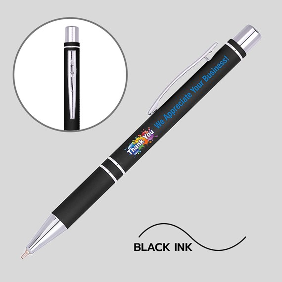 black pen with colorful printed text
