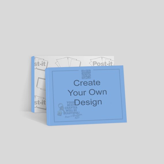 light blue card with customizable text area and QR code