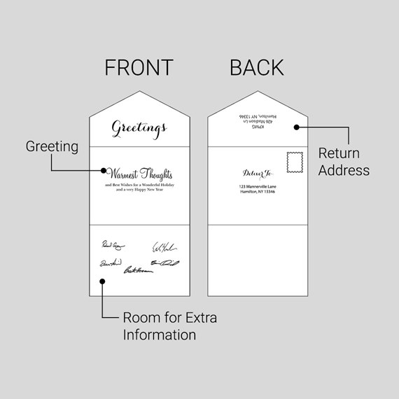 two-sided card with greeting and address areas